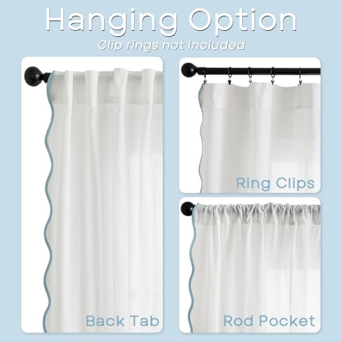 Light Blue and White Scalloped Curtains 50W x 63L Set - Semi-Sheer Drapes for Bedroom & Living Room