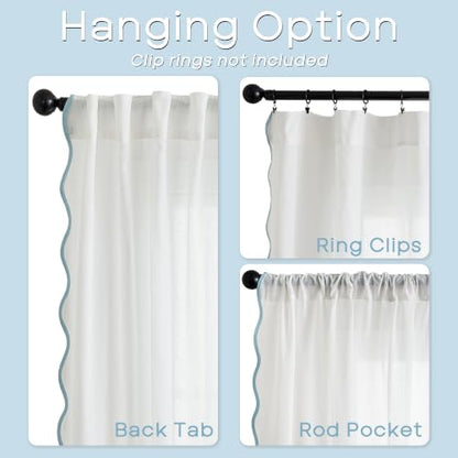 Light Blue and White Scalloped Curtains 50W x 63L Set - Semi-Sheer Drapes for Bedroom & Living Room