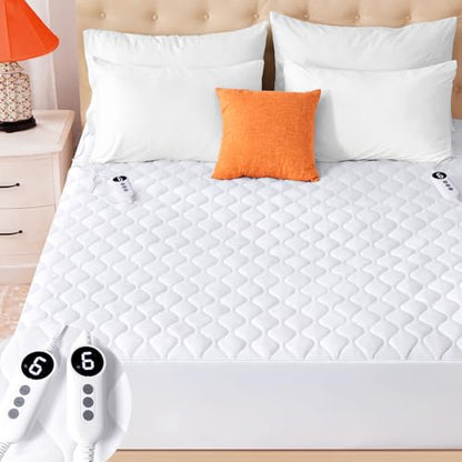 SameBed King Size Heated Mattress Pad White - Quilted Electric Fitted Cover with 9 Heat Settings
