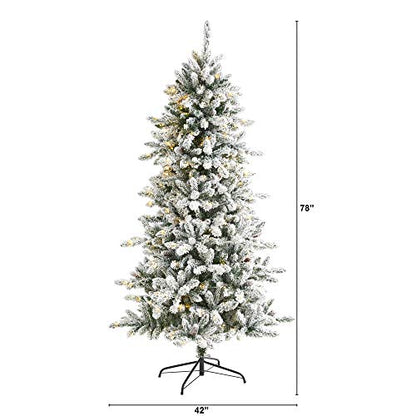 Nearly Natural 6ft 6in Flocked Livingstone Fir Artificial Christmas Tree with Pine Cones & Warm LED Lights