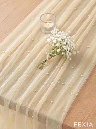 FEXIA Champagne Pearl Table Runner 10ft Beige Tulle Gauze Wedding Decor