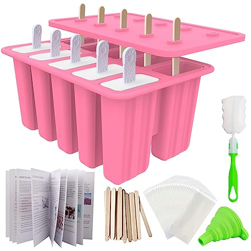 Homemade Popsicle Molds Shapes, Silicone Frozen Ice Popsicle Maker Non-BPA, with 50 Popsicle Sticks, 50 Popsicle Bags, 10 Reusable Popsicle Sticks, Funnel, Brush and Ice Pop Recipes(Pink)