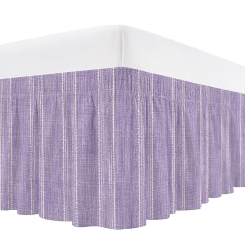 Lavender Linen Bed Skirt with Parallel Vertical Stripes - Queen 16 Inch Drop - Adjustable Elastic Wrap-Around Dust Ruffle