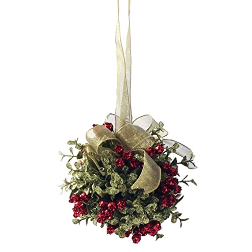 Mistletoe Door Kiss Ball with Red Berries and Gold Bow - Holiday Decor