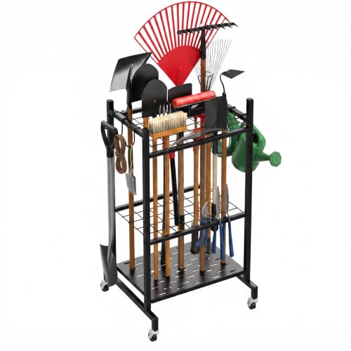 Garden Tool Organizer with Wheels - Garage Storage Rack for Rakes, Shovels, and Tools