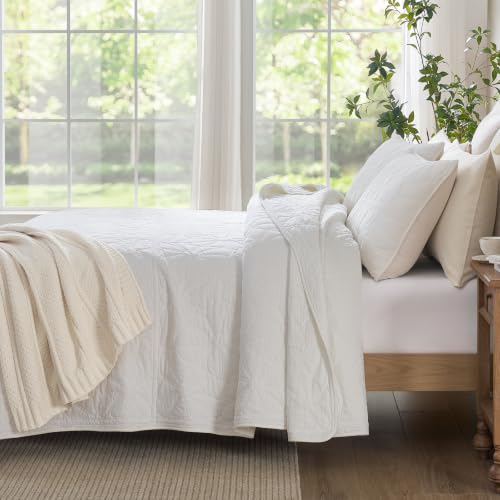 Queen Size Cotton Quilt Set with Floral Stitching - Bright White, 100% Cotton