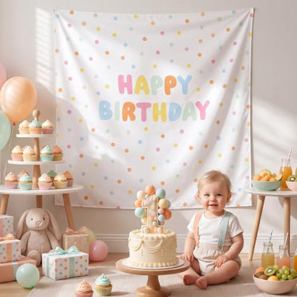 Happy Birthday Backdrop Tapestry Fabric Banner - Pastel, 59x59 Inches