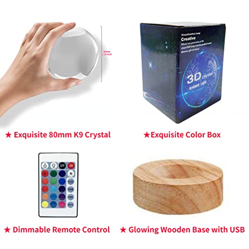 3.15 Inch Axolotl Night Light Crystal Ball with Wooden Base 16 Colors Change Remote Pack of 2