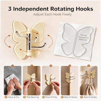 Rotating Butterfly Wall Hooks Set - Color Mixing, 6 Pack Adhesive Corner Hooks