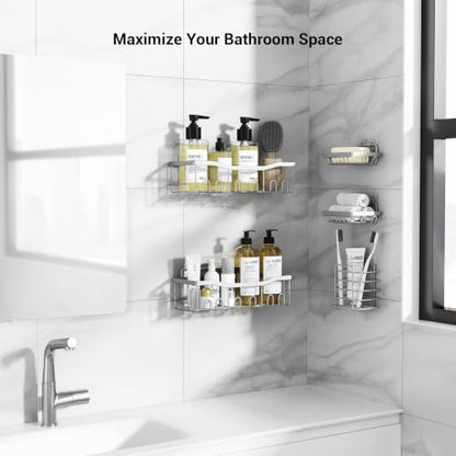 Brushed Stainless Steel Shower Caddy Adhesive Set - Rustproof Bathroom Organizer with Soap Holders - Silver