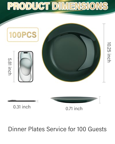 Disposable Dinner Plates 10.25 Inch Green & Gold Plastic Set 100PCS - Elegant & Durable