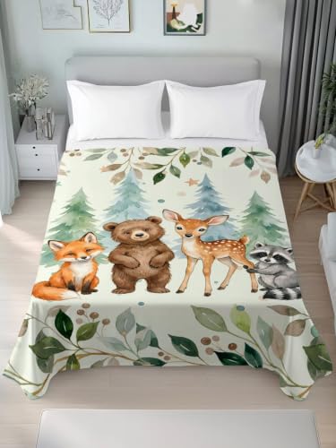 Green Twin XL Flat Sheet - Summer Forests Bear Fox Raccoon Microfiber Bedding