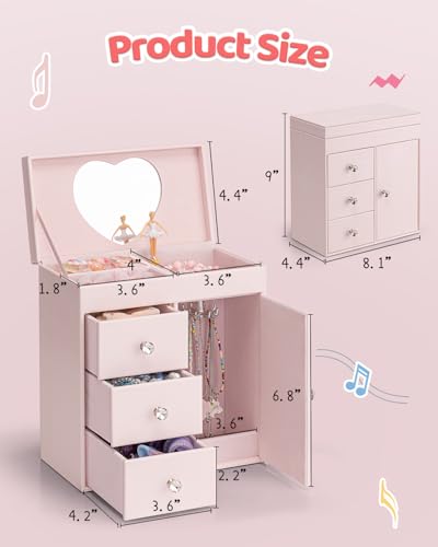 VLANDO 4 Layer Musical Jewelry Box for Girls with Pink Finish, 3 Drawers & Necklace Hook