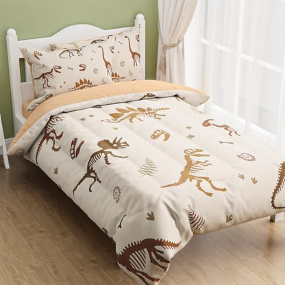 SANDJEST Dinosaur Twin Bedding Set with Comforter, Fitted Sheet & Pillowcases - Kids Bedroom Decor