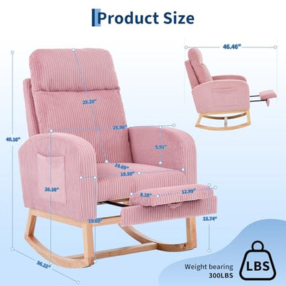 Pink Nursery Rocking Chair Glider with Footrest & Side Pockets – High Backrest, Solid Wood Legs
