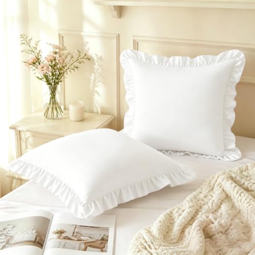 White Ruffle Euro Sham Covers 26x26 Set of 2 - Microfiber Decorative Pillowcases