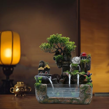 LED Desktop Fountain Waterfall Bonsai Decor with Light & Mist