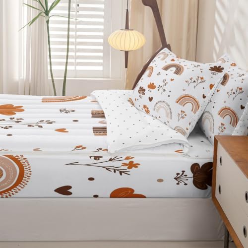 Rainbow Zipper Bedding Set Twin - Boho Microfiber Comforter & Pillowcases, Light Blue/White/Brown/Beige Variation