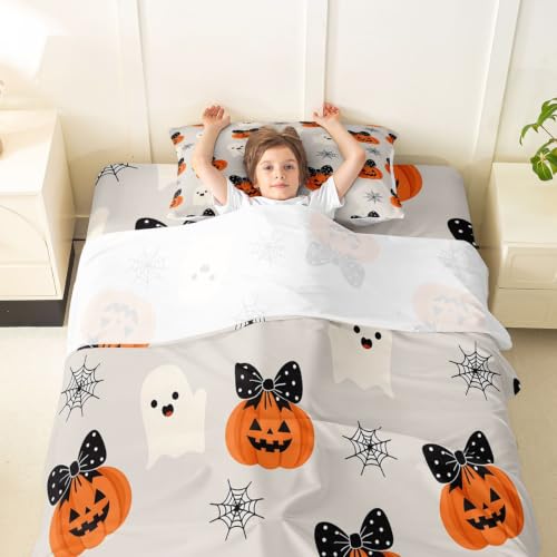 White Pumpkin Bed Sheets Set Twin Size Halloween Microfiber Deep Pocket Fitted Sheet