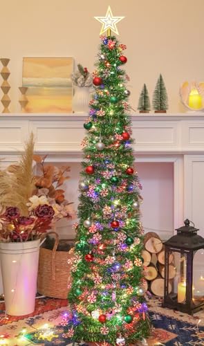 Pop Up Christmas Tree 5ft with Timer Lights Decorations - Green & Candy