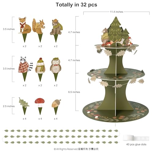 Woodland Cupcake Stand with Forest Animal Toppers - Baby Shower & Party Decor