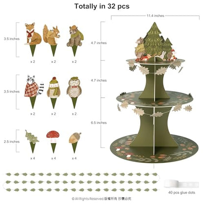 Woodland Cupcake Stand with Forest Animal Toppers - Baby Shower & Party Decor