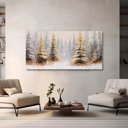Vintage Wall Art Canvas 58x29 Inches Christmas Tree Landscape Abstract Gold Frame - Yellow White