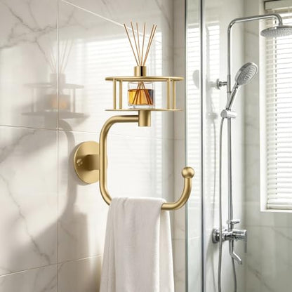 Hand Towel Holder with Shelf and Gold Towel Ring - Bathroom Organizer