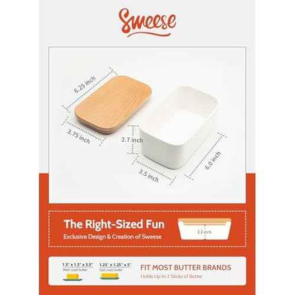Sweese Large Butter Dish - Airtight Butter Keeper Holds Up to 2 Sticks of Butter - Porcelain Container with Beech Wooden Lid, White