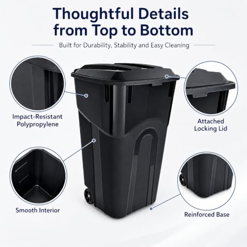 45 Gallon Wheeled Outdoor Trash Can with Locking Lid - Heavy Duty Leak-Proof Design