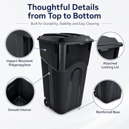 45 Gallon Wheeled Outdoor Trash Can with Locking Lid - Heavy Duty Leak-Proof Design
