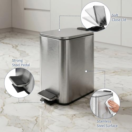Bathroom Trash Can with Lid - 5L/1.3G Silver Soft Close Pedal Bin