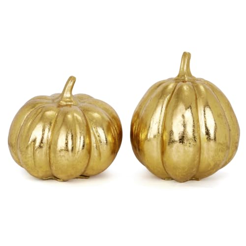 Fall Pumpkin Decor Set - Gold Resin Figurines for Table Centerpiece, 2 Pieces