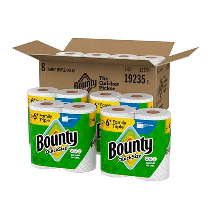 Bounty Quick-Size Paper Towels, White, 8 Family Triple Rolls = 27 Regular Rolls