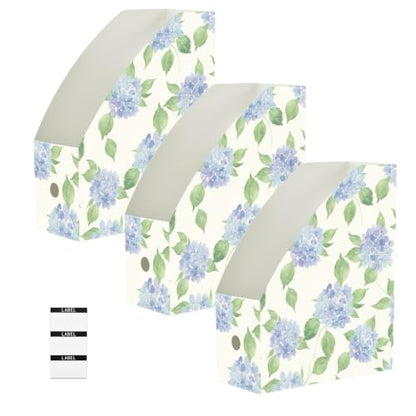 Pack of 3 Blue Hydrangea Floral Magazine File Holders for Office & Dorm