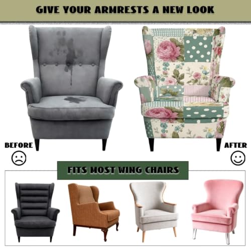 Floral Patchwork Wingback Chair Slipcover with Ottoman Cover - Protective Furniture Set