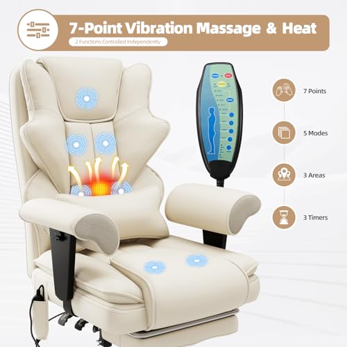 Executive Heated Massage Office Chair with Footrest - Beige