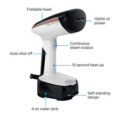 Rowenta, Steamer for Clothes, Access Steam Handheld Steamer, 15 Second Heatup, 4 Ounce Capacity, 1150 Watts, Portable, Ironing, Travel Must Have, White Clothes Steamer, DR3030