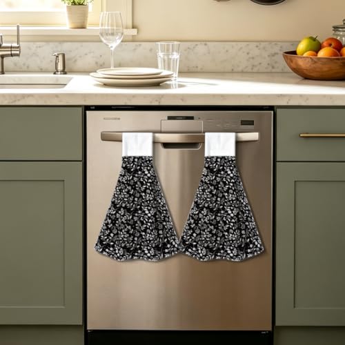 Black White Floral Hanging Kitchen Towels 2pcs Hand & Dish Drying Towels