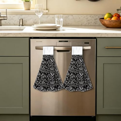 Black White Floral Hanging Kitchen Towels 2pcs Hand & Dish Drying Towels