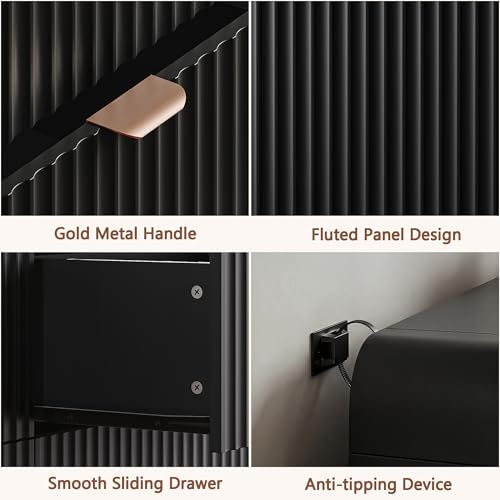 Tall 47" Black 5-Drawer Dresser with Gold Handles | Modern Fluted Panel Bedroom Storage