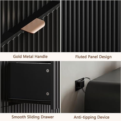 Tall 47" Black 5-Drawer Dresser with Gold Handles | Modern Fluted Panel Bedroom Storage