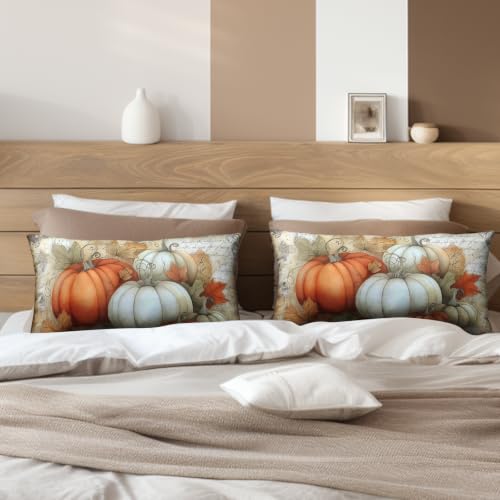 Fall Outdoor Lumbar Pillow Covers 12x20 Set of 2 Orange White Pumpkin Maple Leaves Vintage Autumn Thanksgiving Cushion Case