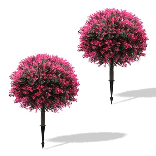 Artificial Boxwood Topiary Balls Set of 2 25 Inch with Ground Spikes - Rose Red