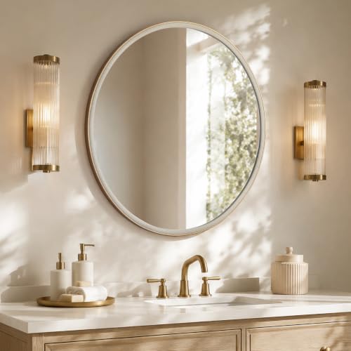 WallBeyond 36 Inch Linen-Texture Round Mirror for Bathroom & Bedroom - White Finish