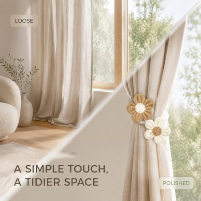 Boho Flower Curtain Tiebacks - Flexible Wire Drapery Holdbacks, No Drill Mounting - Set of 4