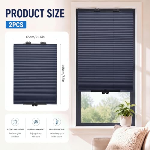 No Drill Blackout Pleated Window Blinds 58x25.6 Inches - 2 Pack