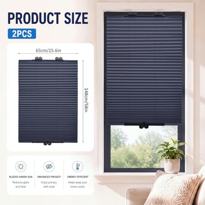 No Drill Blackout Pleated Window Blinds 58x25.6 Inches - 2 Pack