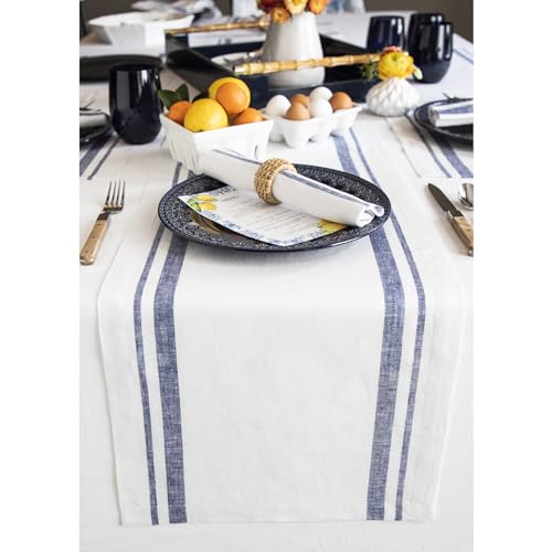 Navy & White Linen Table Runner 14 x 120 Inches - Handmade European Fabric
