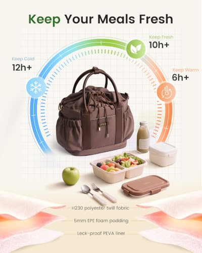 LOVEVOOK Insulated Drawstring Lunch Bag for Women - Brown / 10.5 Inch